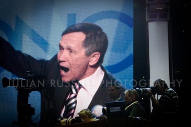 Dennis Kucinich on the jumbotron at the DNC.