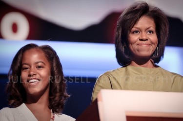 Michelle Obama and her daughter Malia at a stage rehearsal in the Pepsi Center in preparation for her speech later tonight. Denver, CO 08/25/08.