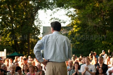 Presidential hopeful Mitt Romney speaks at a "Town Hall" style meeting with potential supporters at the home of Ovide Lamontagne in Manchester, NH.