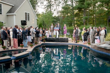Hours after announcing his candidacy presidential hopeful, Texas Governor Rick Perry speaks to supporters at the home of New Hampshire state representative Pam Tucker in Greenland, NH.