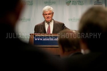 Presidential hopeful and former Speaker of  the House of Representatives Newt Gingrich speaks with potential supporters at Saint Anselm Collegeâs "Politics & Eggs" event.