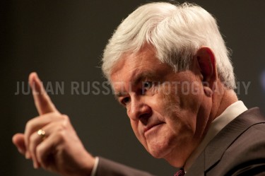 Presidential hopeful and former Speaker of  the House of Representatives Newt Gingrich speaks with potential supporters at Saint Anselm Collegeâs "Politics & Eggs" event.