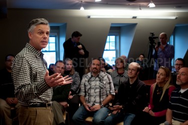Presidential hopeful Jon Huntsman speaks to potential supporters at software company Bid2Win in Portsmouth, NH.  -  JULIAN RUSSELL  |  METROPOL