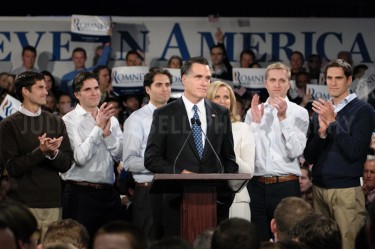 Mitt Romney holds a celebration rally in Manchester after winning the New Hampshire primary.  JULIAN RUSSELL  |  METROPOL
