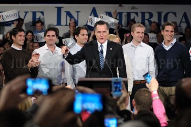 Mitt Romney holds a celebration rally in Manchester after winning the New Hampshire primary.  JULIAN RUSSELL  |  METROPOL