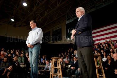 Former Republican presidential nominee Senator John McCain endorses presidential hopeful Mitt Romney at a Town Hall style meeting in Manchester, NH.   JULIAN RUSSELL | METROPOL