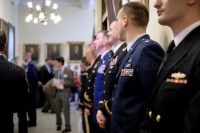 Military officers line the halls of the New Hampshire statehouse waiting to join governor-elect  Maggie Hassan's procession into the House Chamber to be inaugurated governor on January 3rd in Concord.