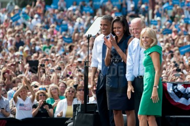 President Barack Obama, First Lady Michelle Obama, Vice President Joe Biden and Second Lady Dr. Jill Biden, from left, at the end of a campaign event at Strawberry Banke in Portsmouth on Friday.